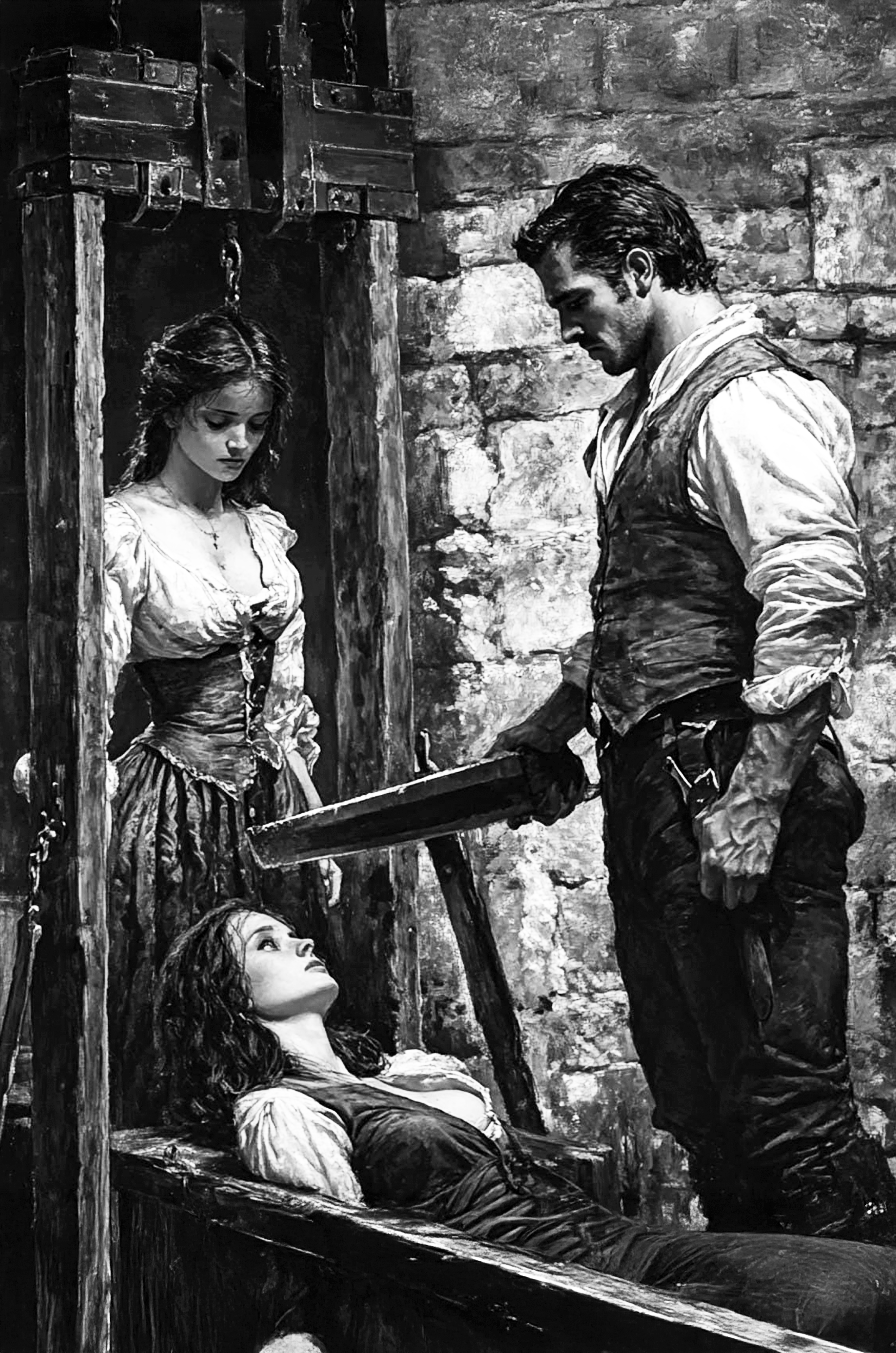 Black-and-white illustration of a man holding a large sword beside one standing woman and another reclining woman.