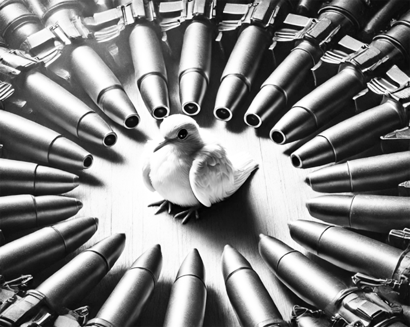 Black-and-white illustration of a white dove encircled by pointed ammunition rounds.