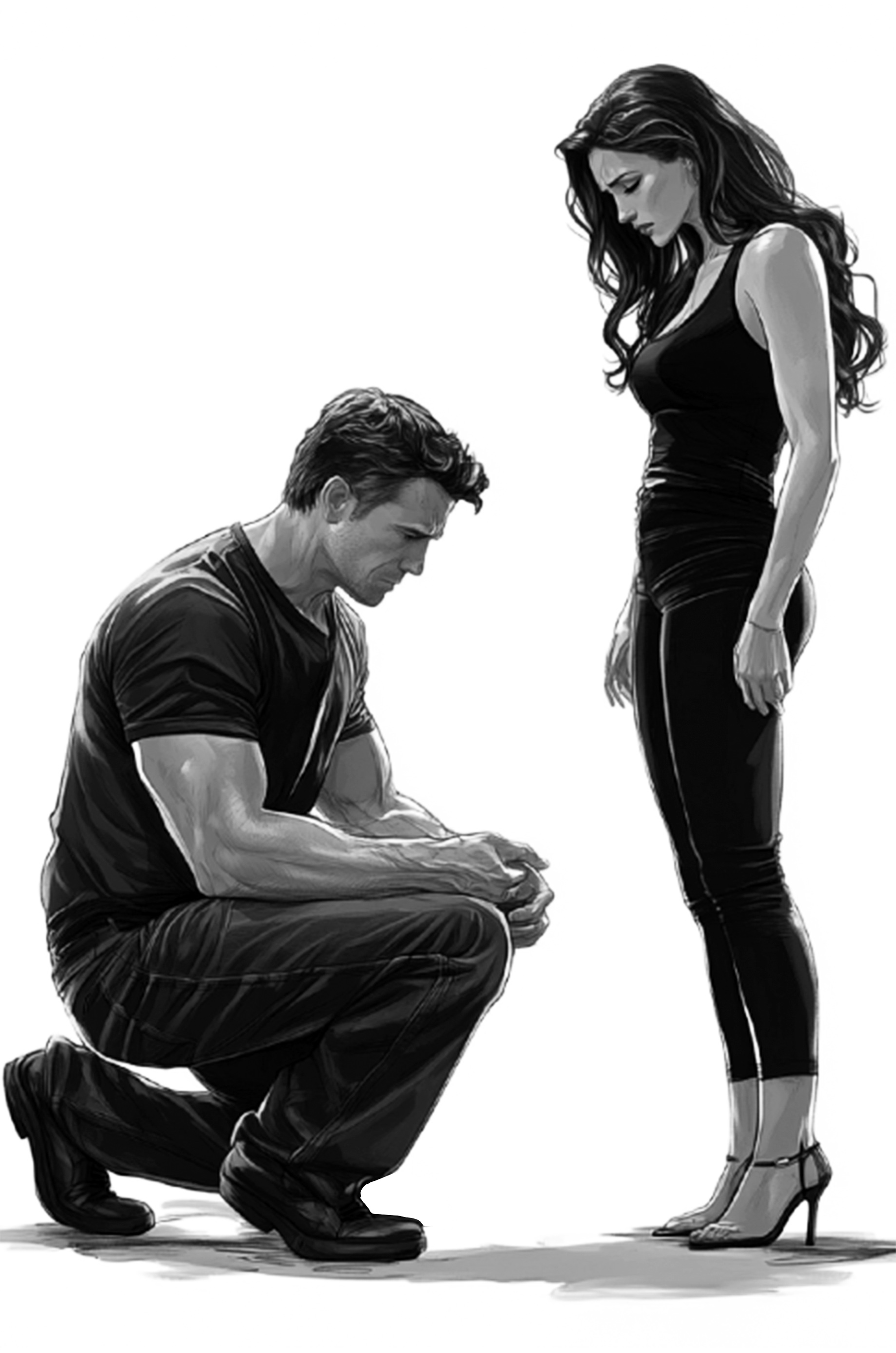 Black-and-white illustration of a seated man looking down while a standing woman faces him.
