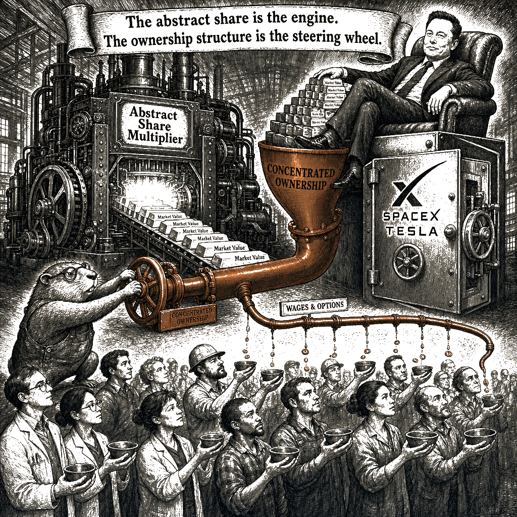 Editorial cartoon by Hector Rentier: Abstract Stock Isn't the Problem. Concentrated Ownership Is.