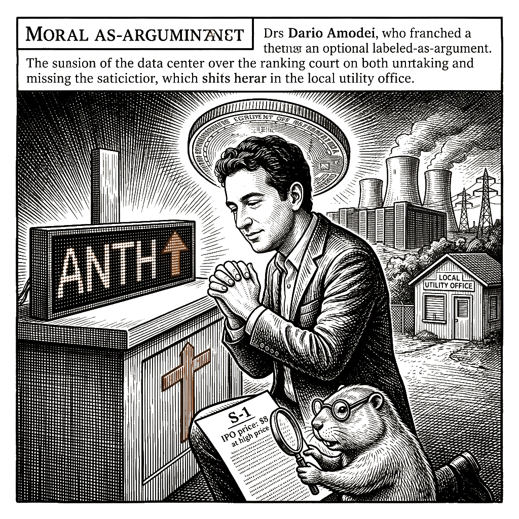 Editorial cartoon by Hector Rentier: Amodei Sells Doomsday to Justify the Trillion-Dollar IPO