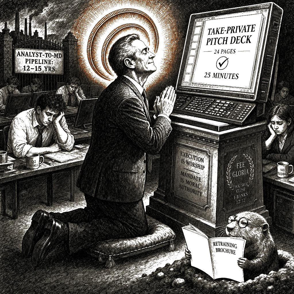 Editorial cartoon by Hector Rentier: Bankers Have Discovered That Machines Can't Inherit the Firm, and They're Pretending…