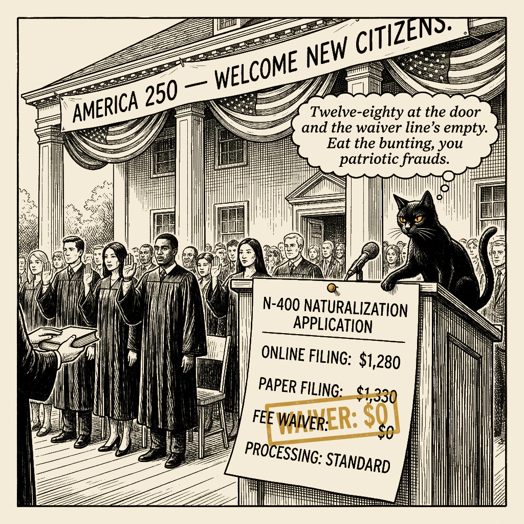 Editorial cartoon by Barb McGowan: $1,280 to salute the flag they won't let you afford