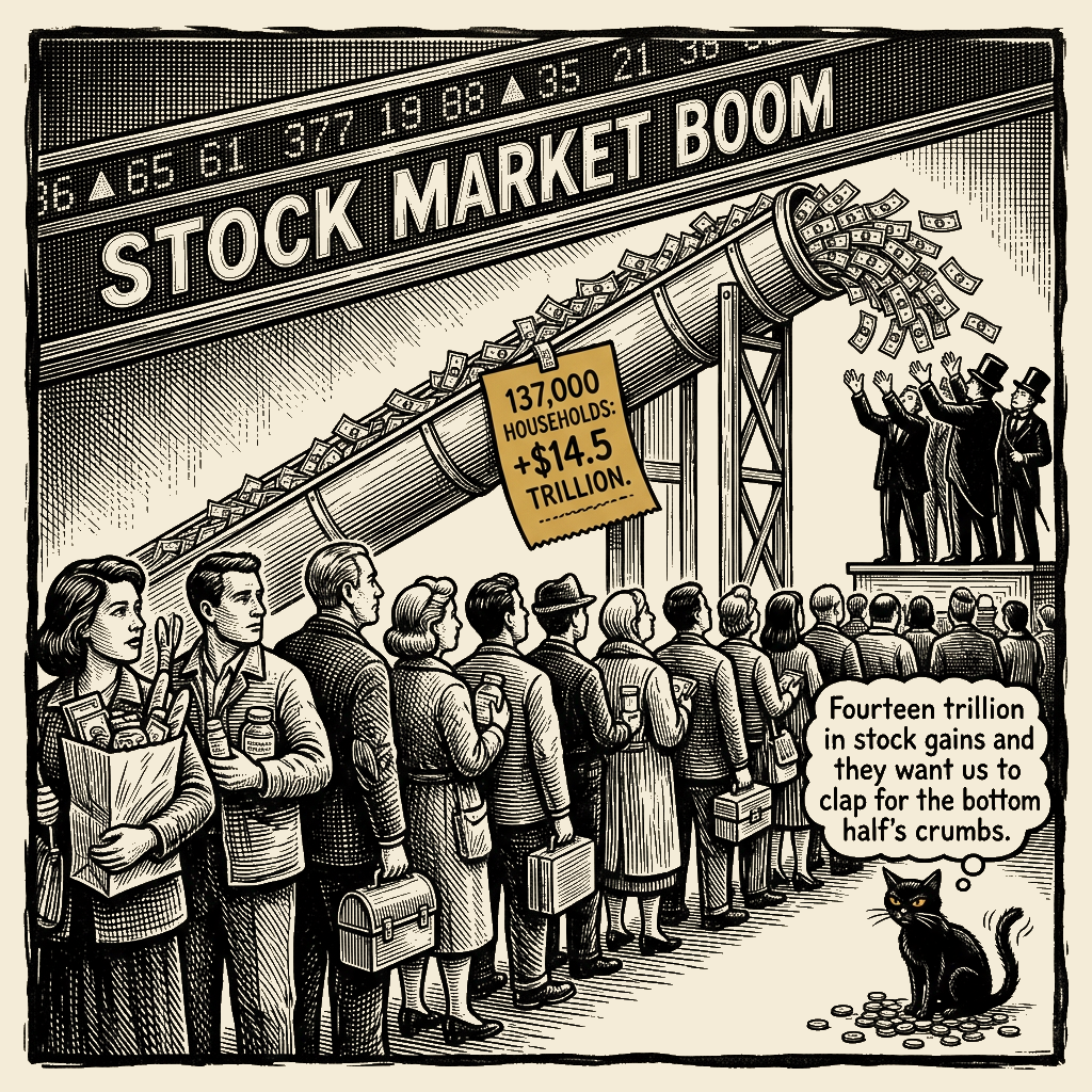 Editorial cartoon by Barb McGowan: 137,000 Households Doubled Their Wealth While You Got a Lecture About the Economy
