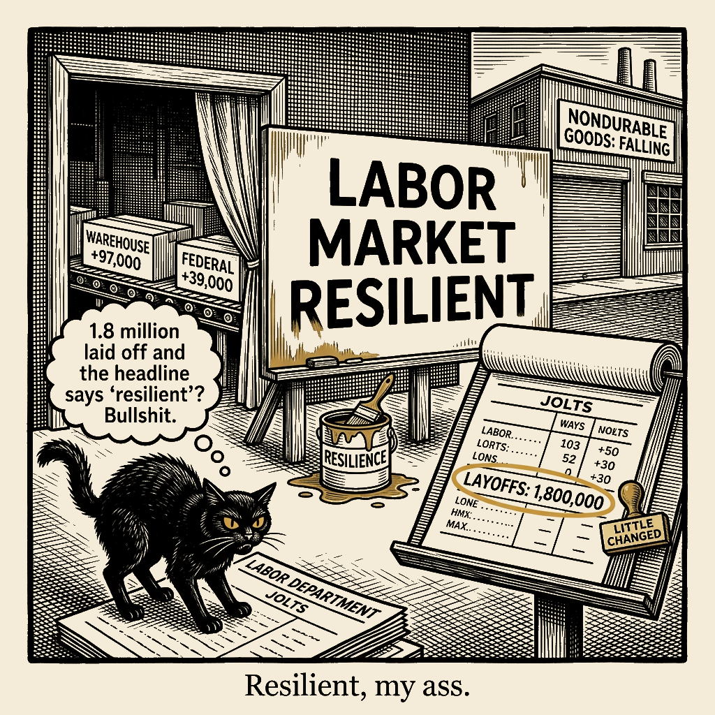 Editorial cartoon by Barb McGowan: 1.8 million laid off and they call it 'resilient'? Resilient, my ass.