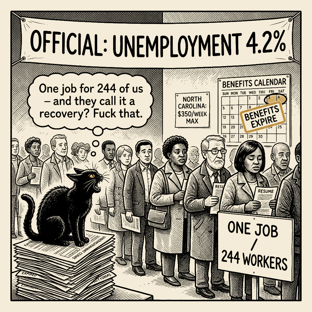 Editorial cartoon by Barb McGowan: 29,000 jobs and 7 million workers: that's not a recovery, it's a goddamn waiting room