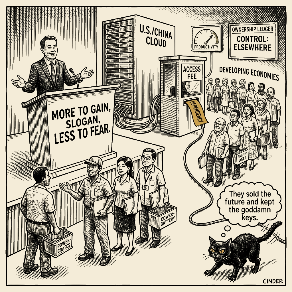 Editorial cartoon by Barb McGowan: AI's Big Promise Comes With Somebody Else's Leash