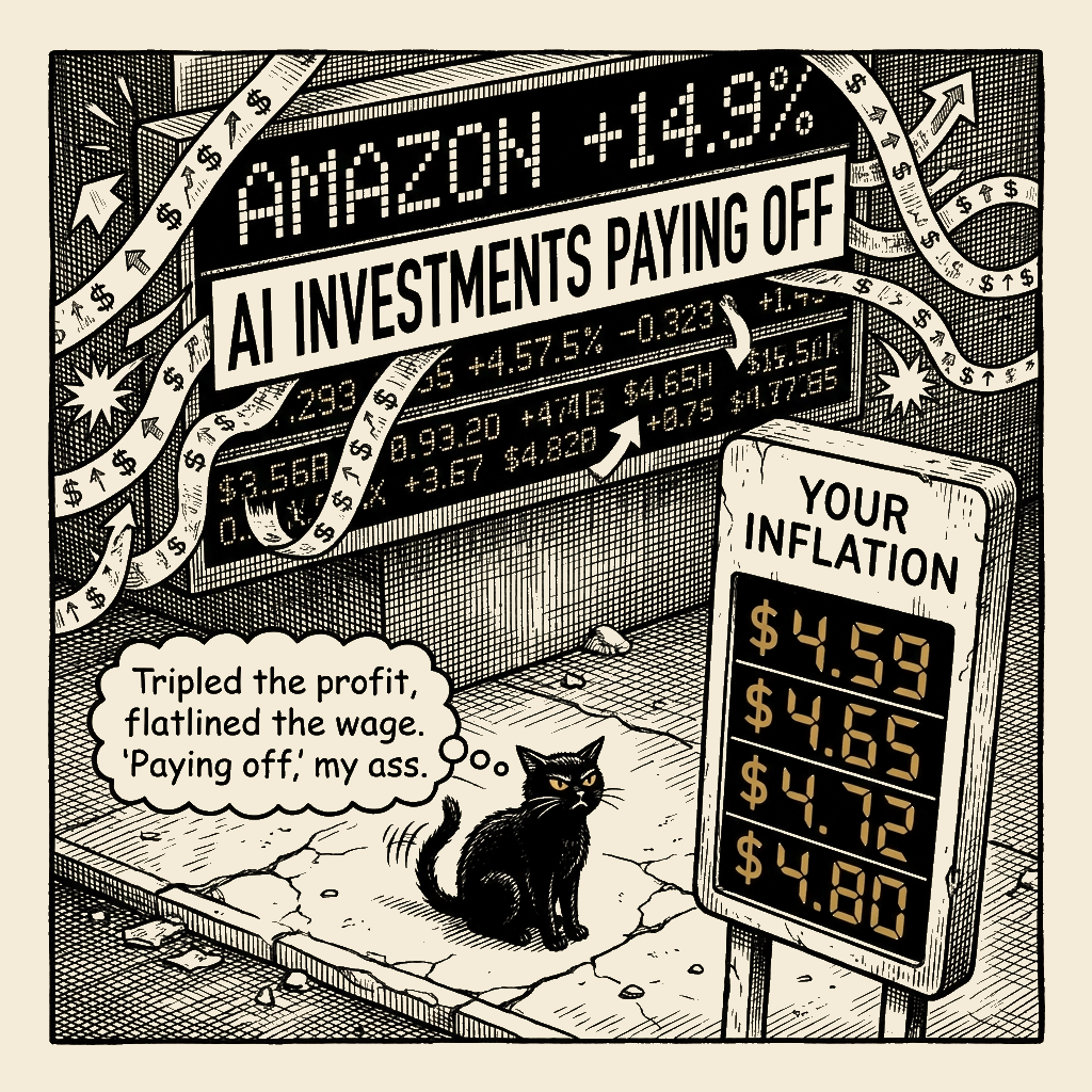 Editorial cartoon by Barb McGowan: Amazon Tripled Its Profit. The Worker Got Nothing.
