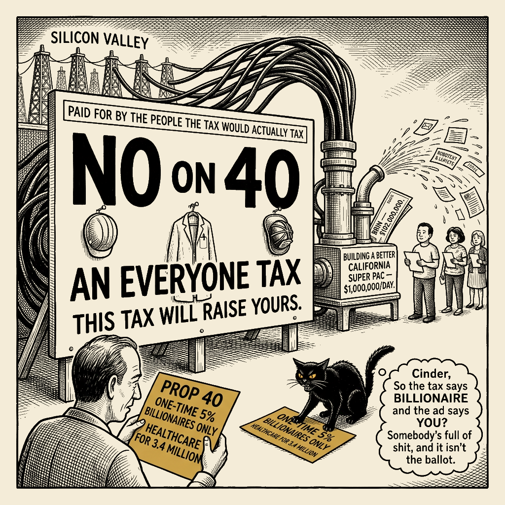 Editorial cartoon by Barb McGowan: Billionaires spend $340M to convince you a billionaire tax is a tax on you