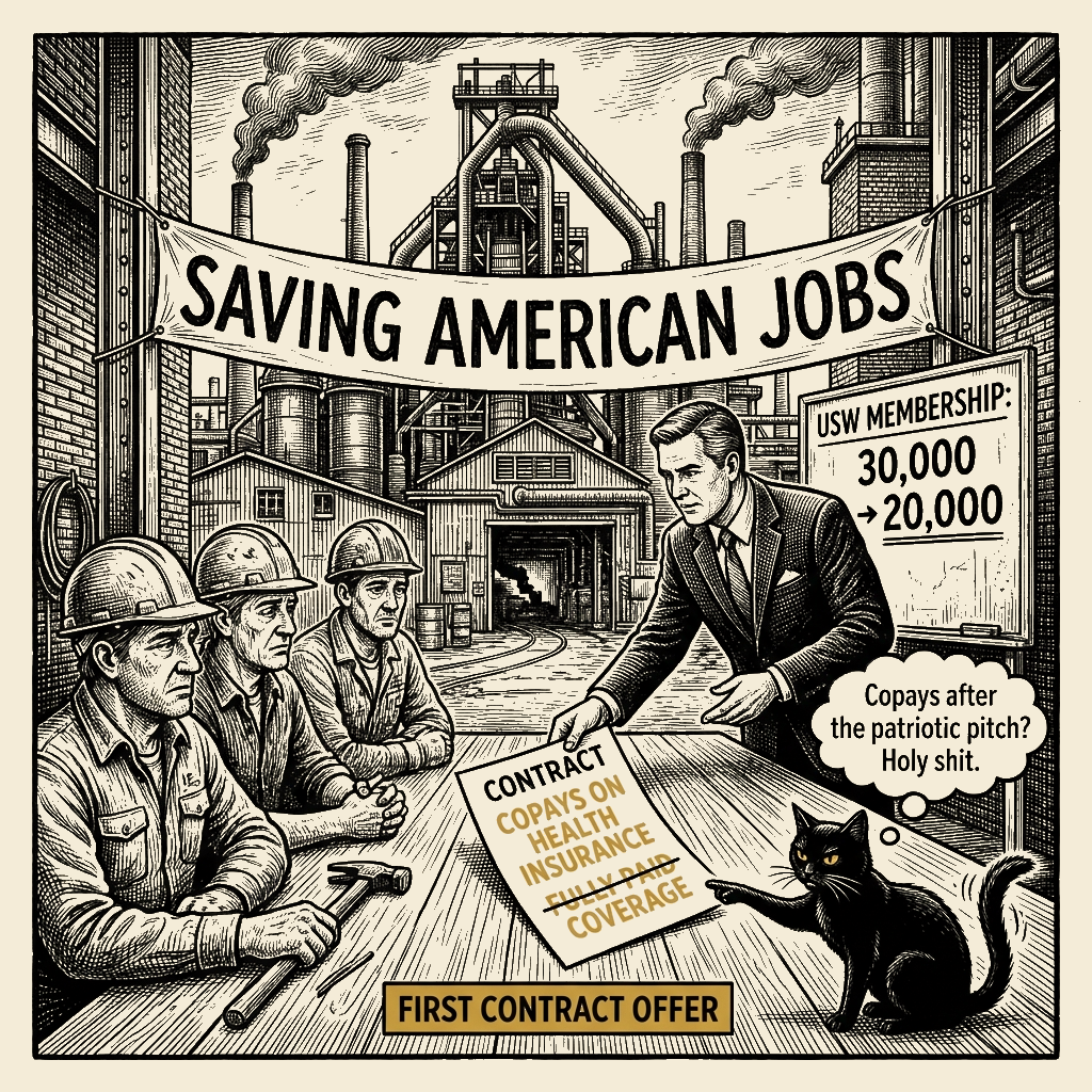 Editorial cartoon by Barb McGowan: Bought the Mill on Promises, Opened the Book on Copays