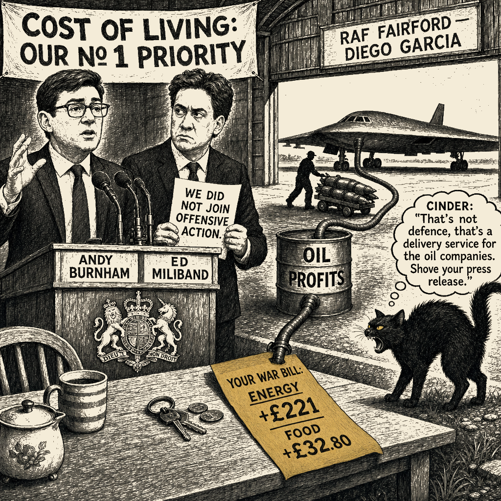 Editorial cartoon by Barb McGowan: Burnham's 'No 1 Priority' Is a Costume — US Bombers Still Launch From British Runways