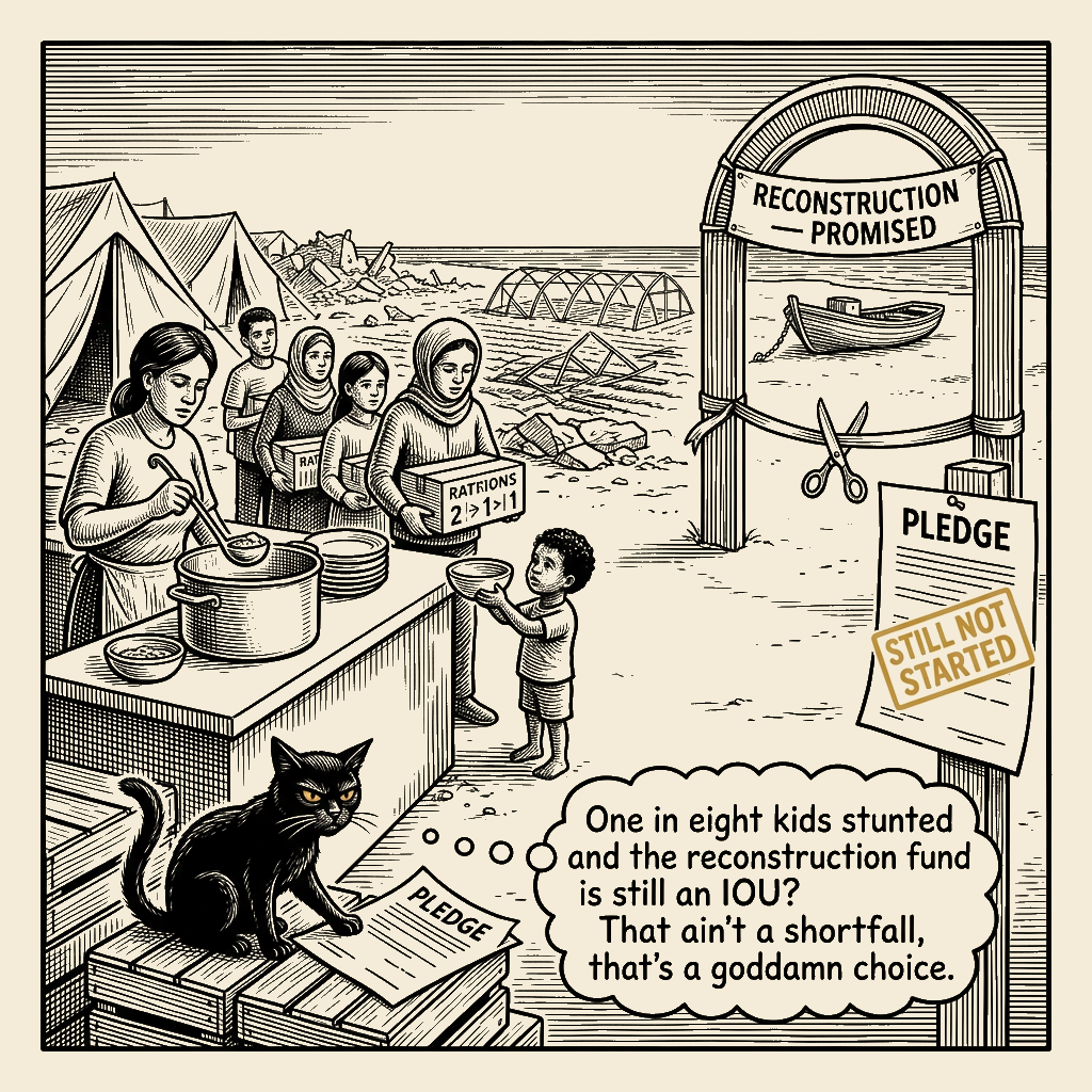 Editorial cartoon by Barb McGowan: Ceasefire promised recovery. Nothing got rebuilt. Now the rations are halved.
