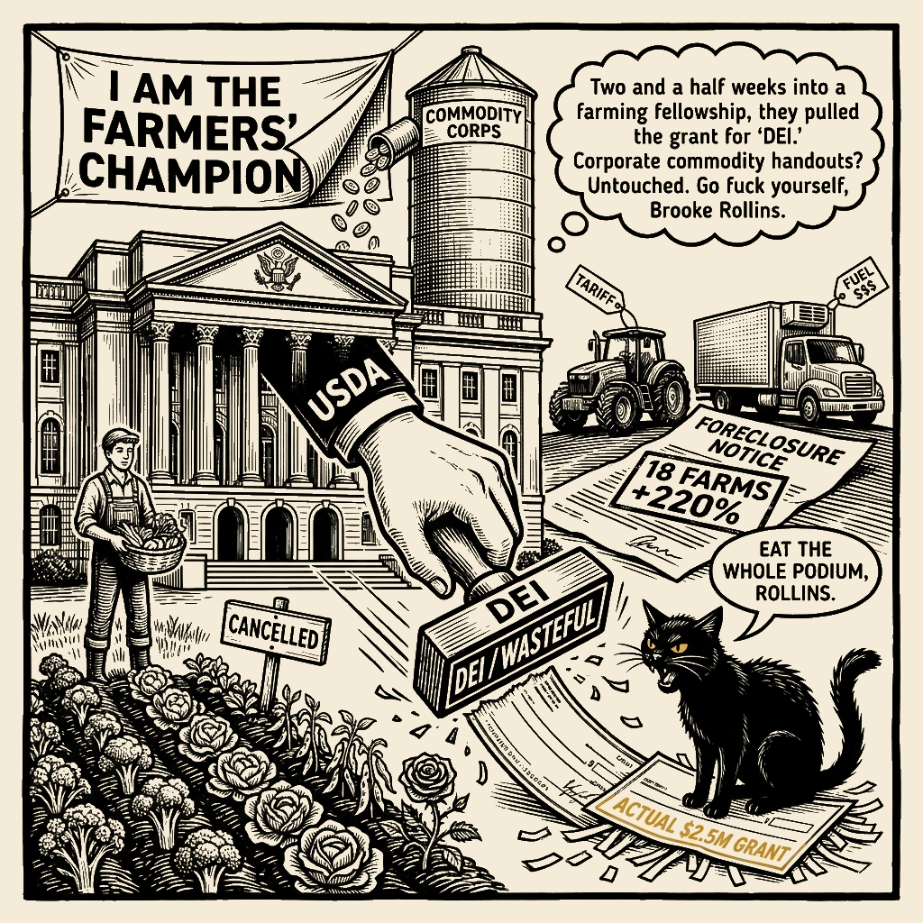 Editorial cartoon by Barb McGowan: Champion of the Forgotten Check: USDA Cancels the Farmer It Said It Came For