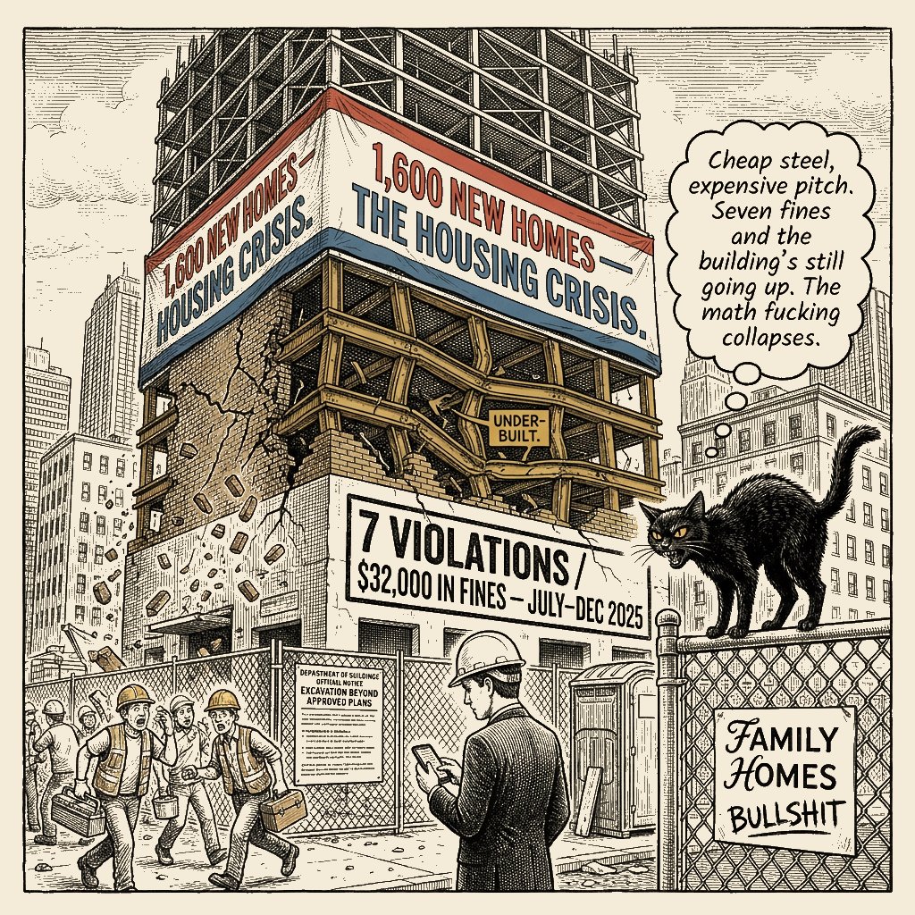 Editorial cartoon by Barb McGowan: Cheap steel, expensive pitch, same greedy bastards