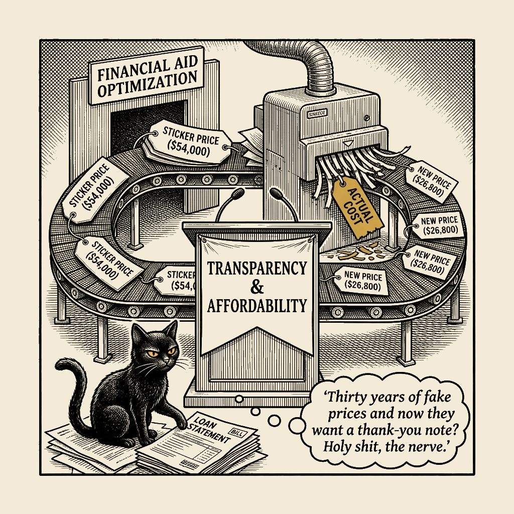 Editorial cartoon by Barb McGowan: Colleges Invented the Price Crisis and Now Want Credit for the Band-Aid