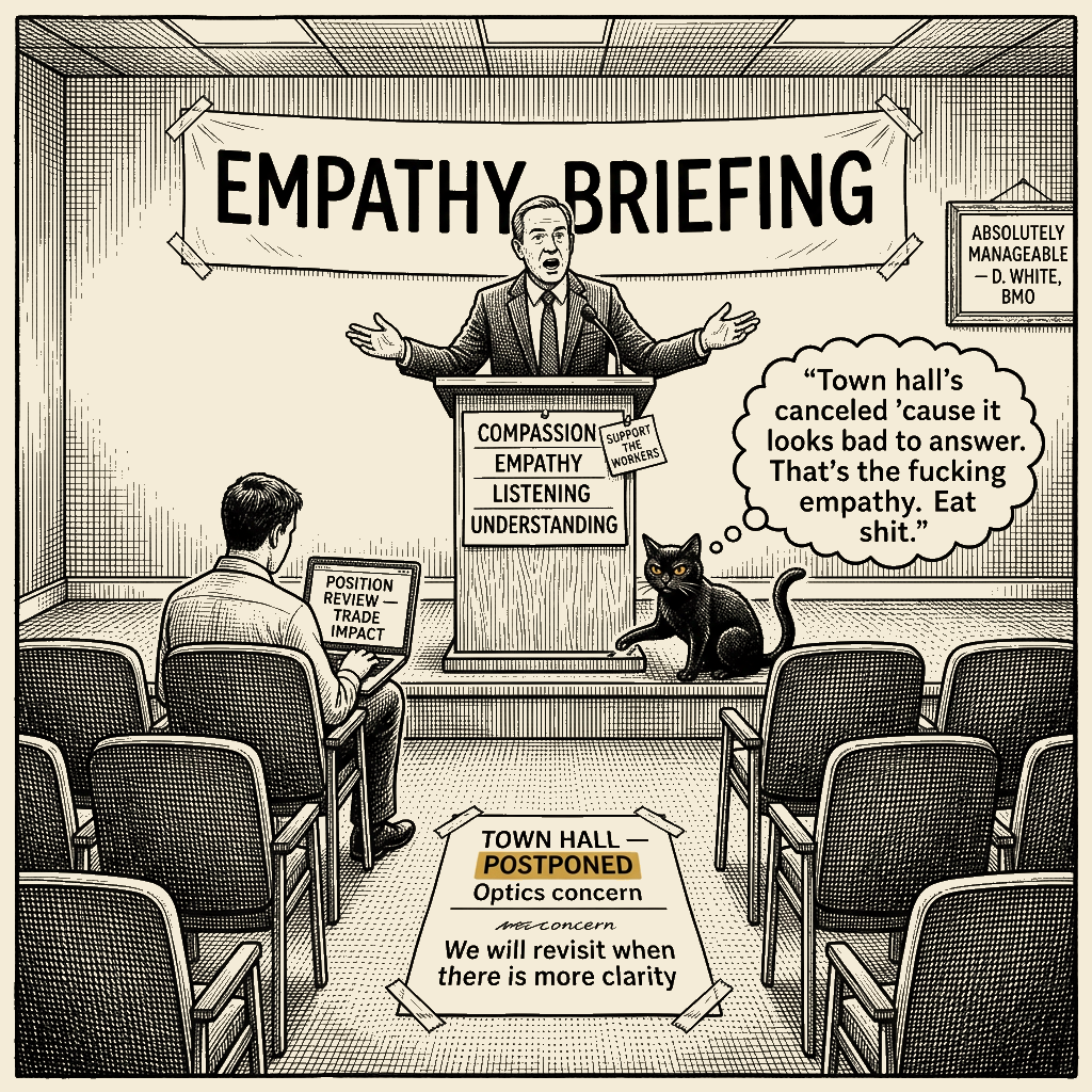 Editorial cartoon by Barb McGowan: Compassion on the agenda. Town hall on the cancel list.