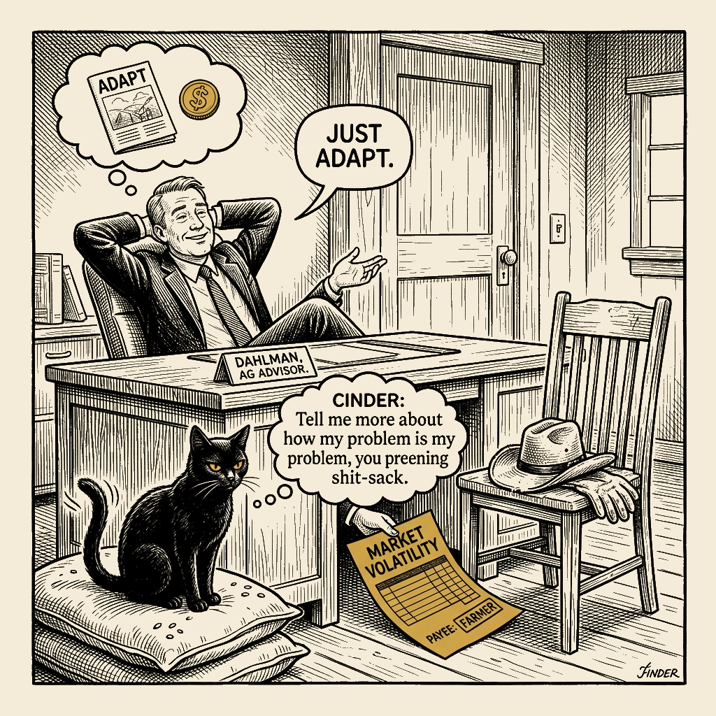 Editorial cartoon by Barb McGowan: Dahlman's 'Adapt' Is Another Way of Saying 'Eat Shit'