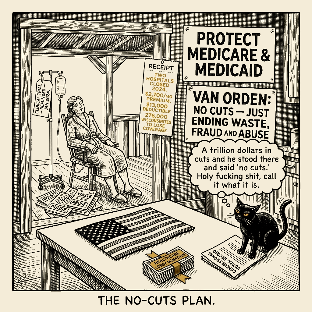 Editorial cartoon by Barb McGowan: Derrick Van Orden's No-Cuts Plan Closed Your Hospital
