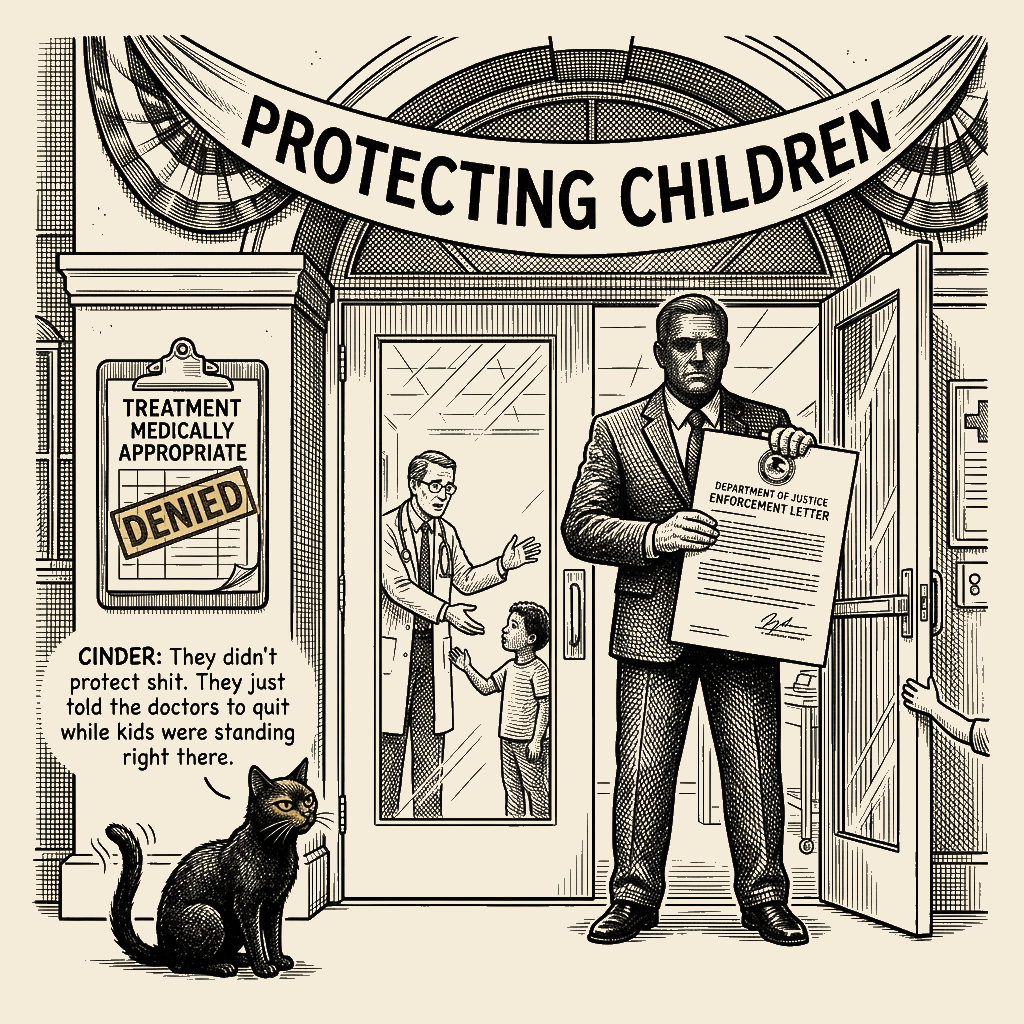 Editorial cartoon by Barb McGowan: DOJ Forces Hospital to Lock the Door on Kids Who Need Care