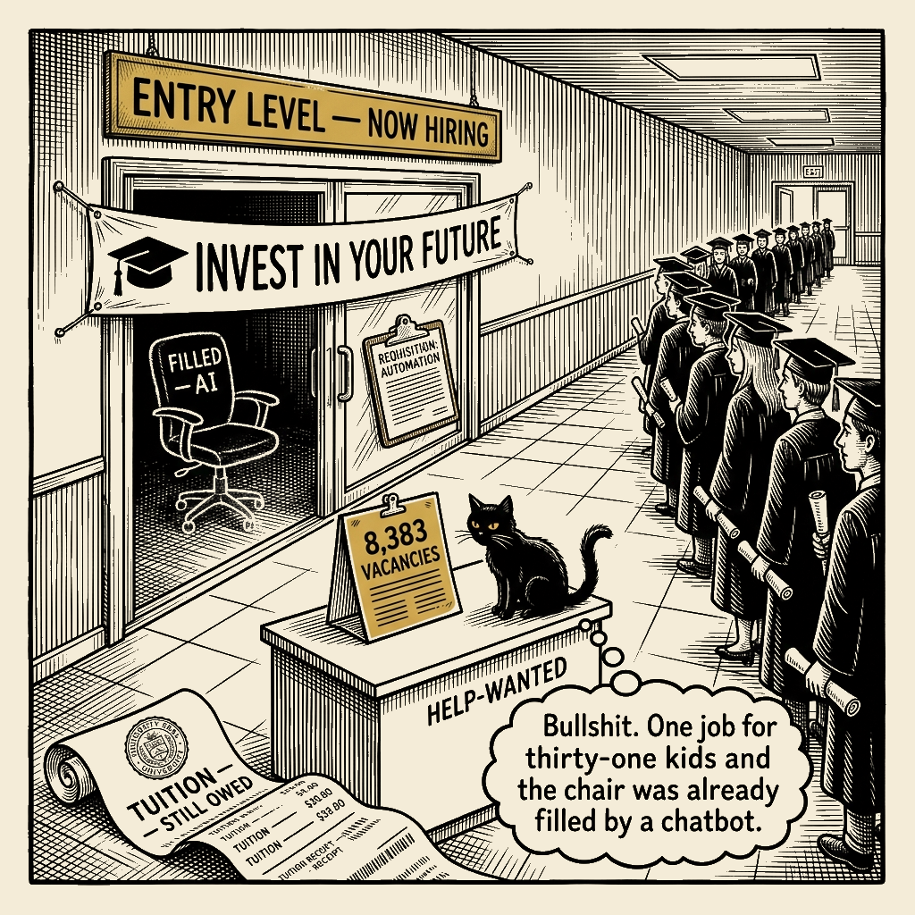 Editorial cartoon by Barb McGowan: Eight thousand jobs for 262,000 graduates. The door was already filled by a chatbot.