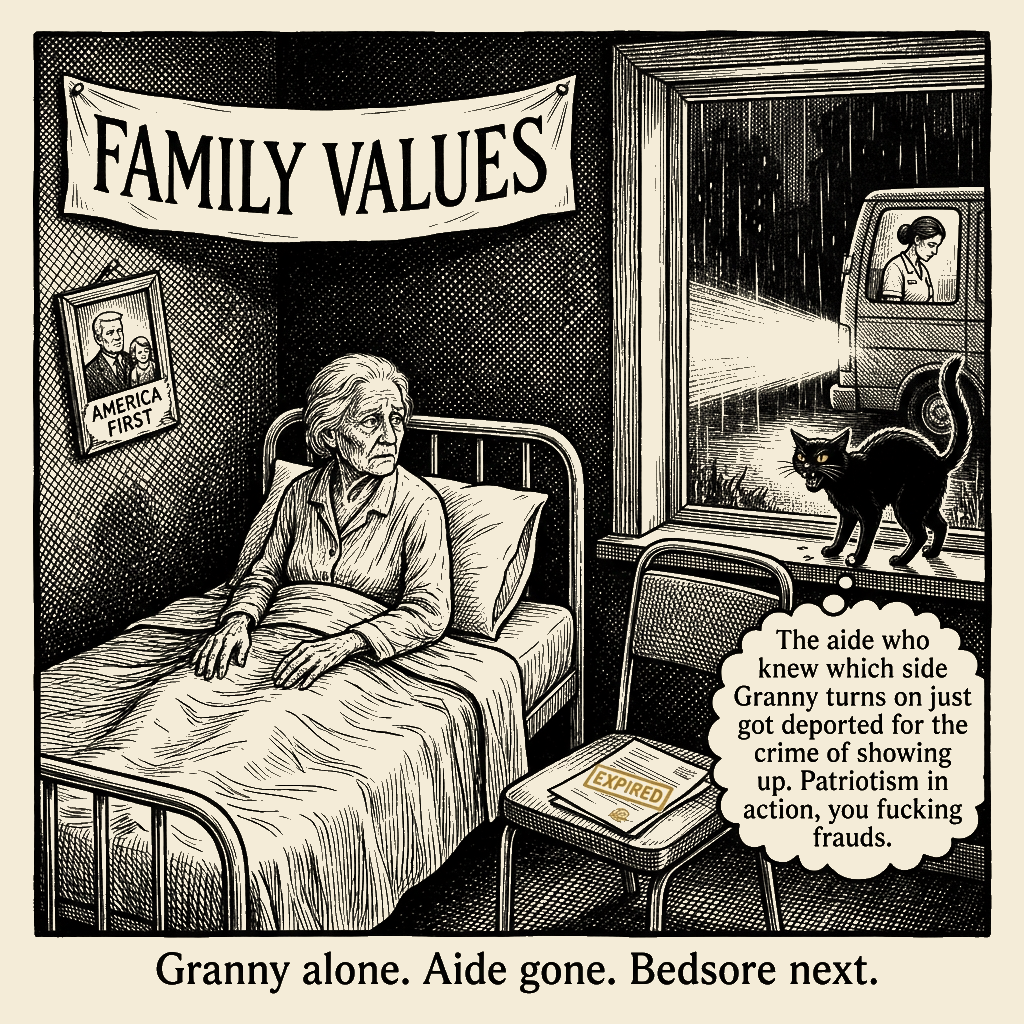 Editorial cartoon by Barb McGowan: Family Values, Deportation Van Edition
