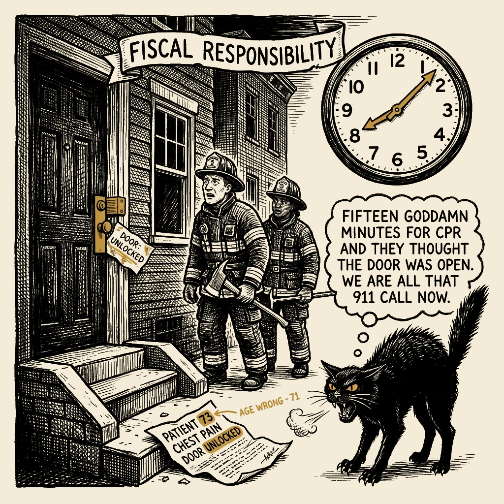 Editorial cartoon by Barb McGowan: Fifteen goddamn minutes for CPR