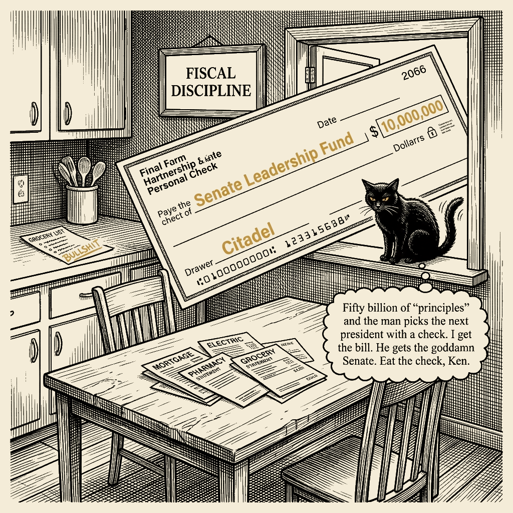 Editorial cartoon by Barb McGowan: Fiscal Discipline, My Ass: One $50B Man Just Bought Your Senator
