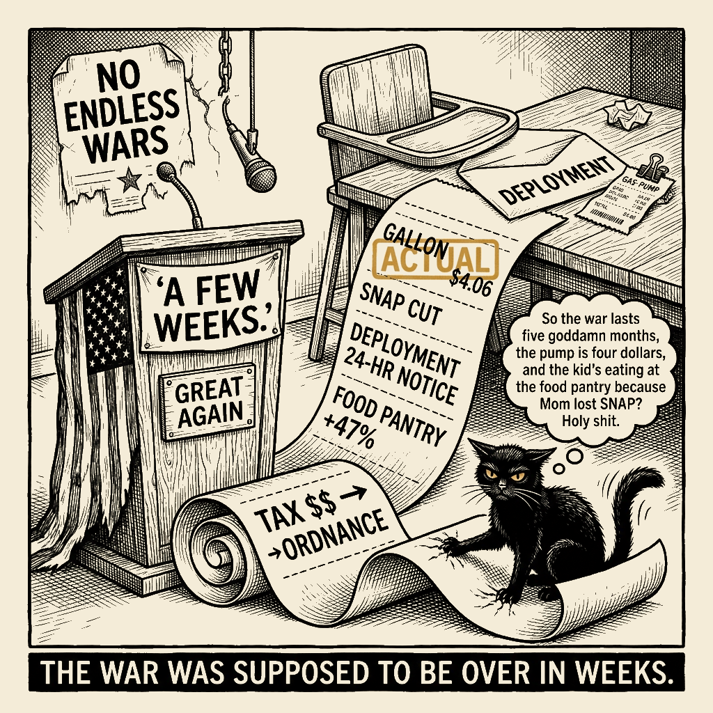 Editorial cartoon by Barb McGowan: Five months, four-dollar gas, and the SNAP card cut for bombs