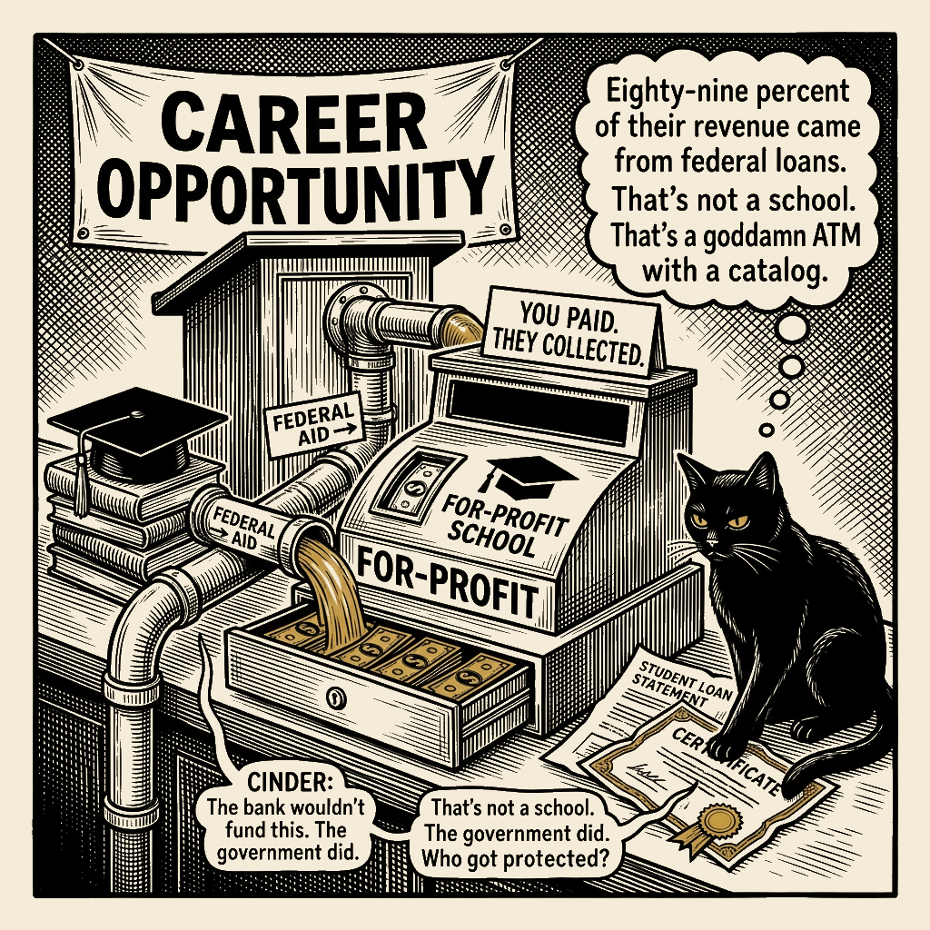 Editorial cartoon by Barb McGowan: For-Profit Colleges Drink Federal Aid, Leave Students Drowning in Debt