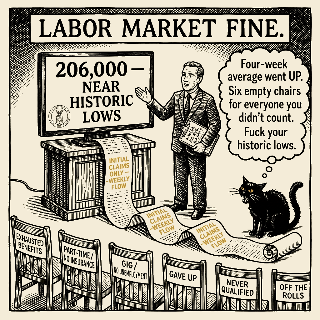 Editorial cartoon by Barb McGowan: Fuck your 'historic lows' — 206,000 doesn't count the family