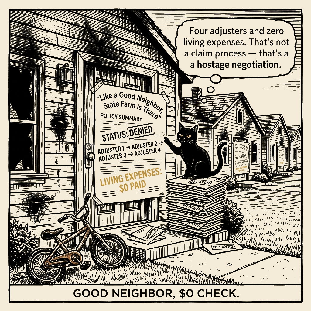 Editorial cartoon by Barb McGowan: Good Neighbor, $0 Check: State Farm's Real Policy