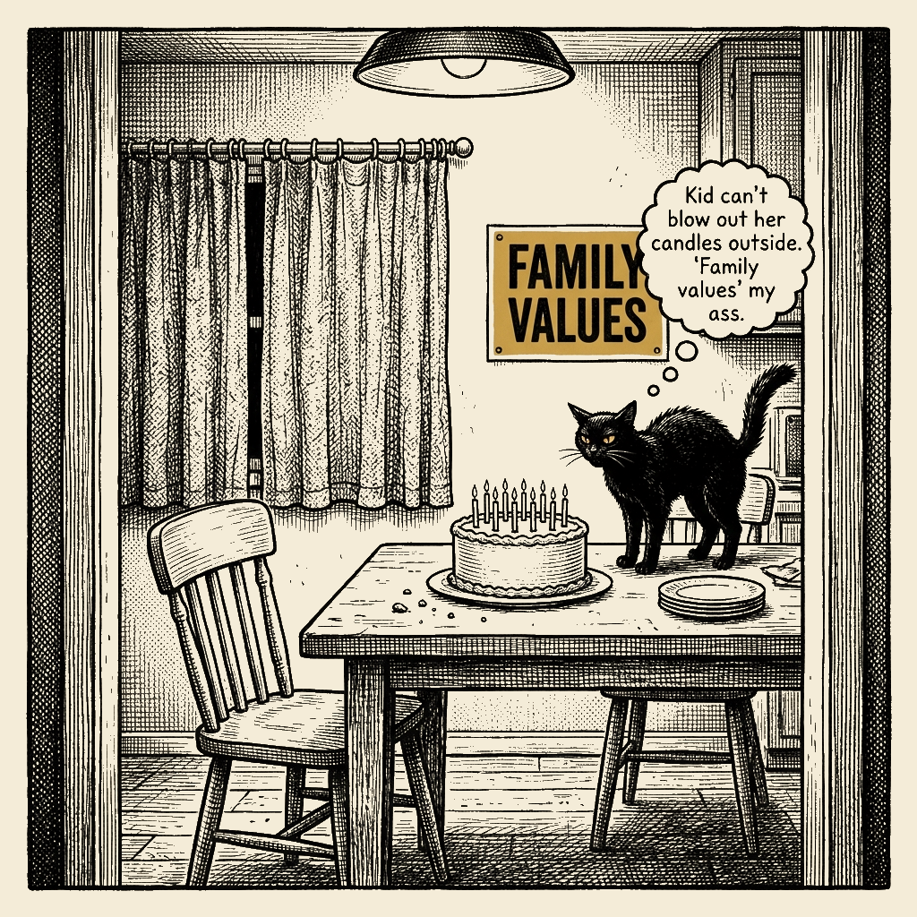 Editorial cartoon by Barb McGowan: Happy Birthday. Keep the Curtains Drawn.