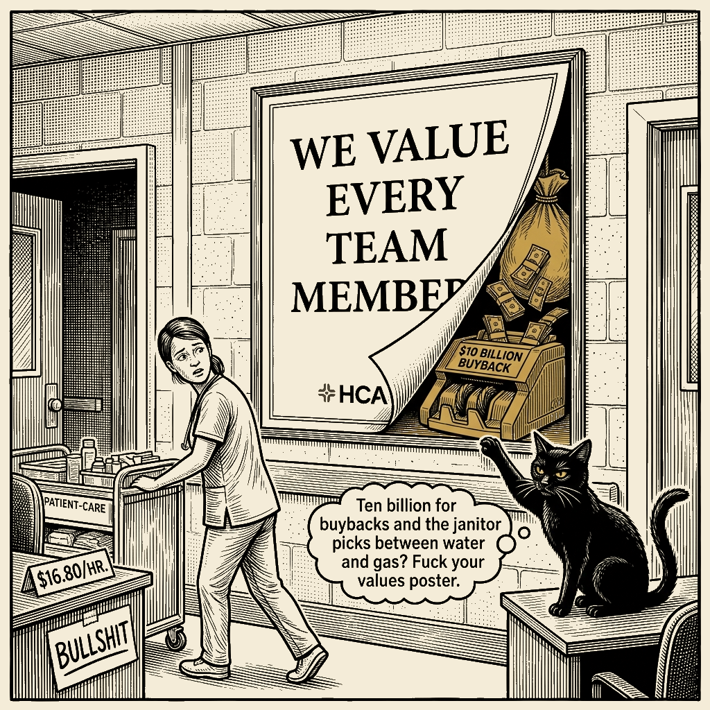 Editorial cartoon by Barb McGowan: HCA's $10B Buyback Hides Behind a 'We Value Our Team' Poster