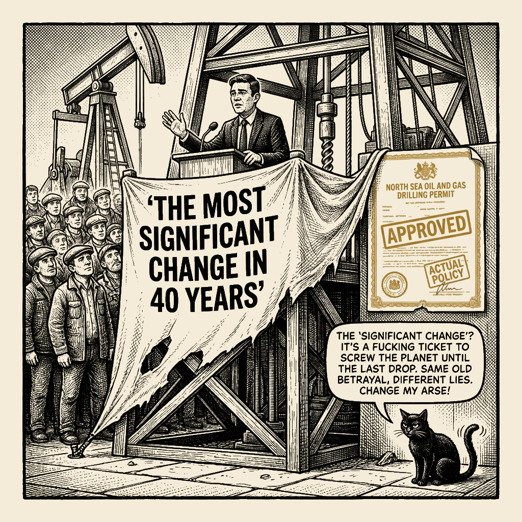 Editorial cartoon by Barb McGowan: He Took the Stage the Unions Built and Signed the Oil Permit