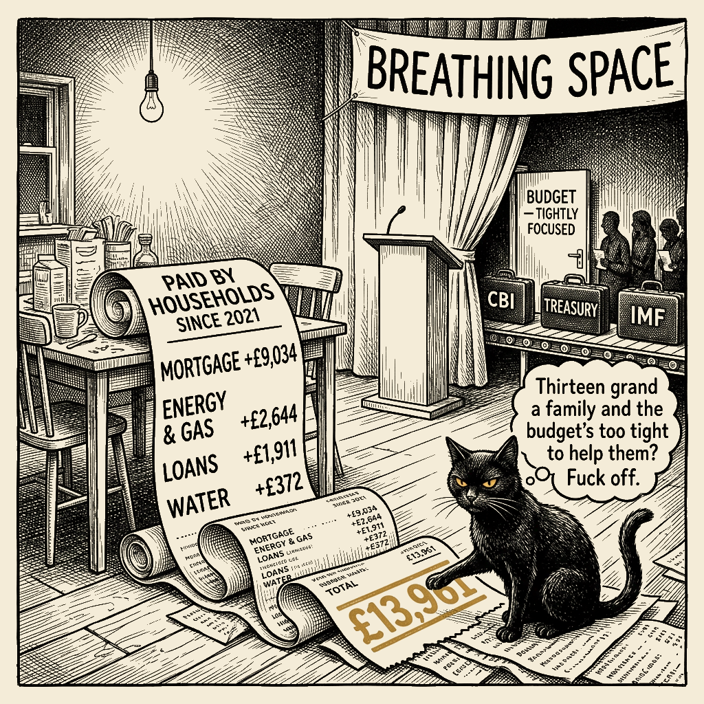 Editorial cartoon by Barb McGowan: Healey promised "breathing space." The budget got written for the bosses' lobby instead.