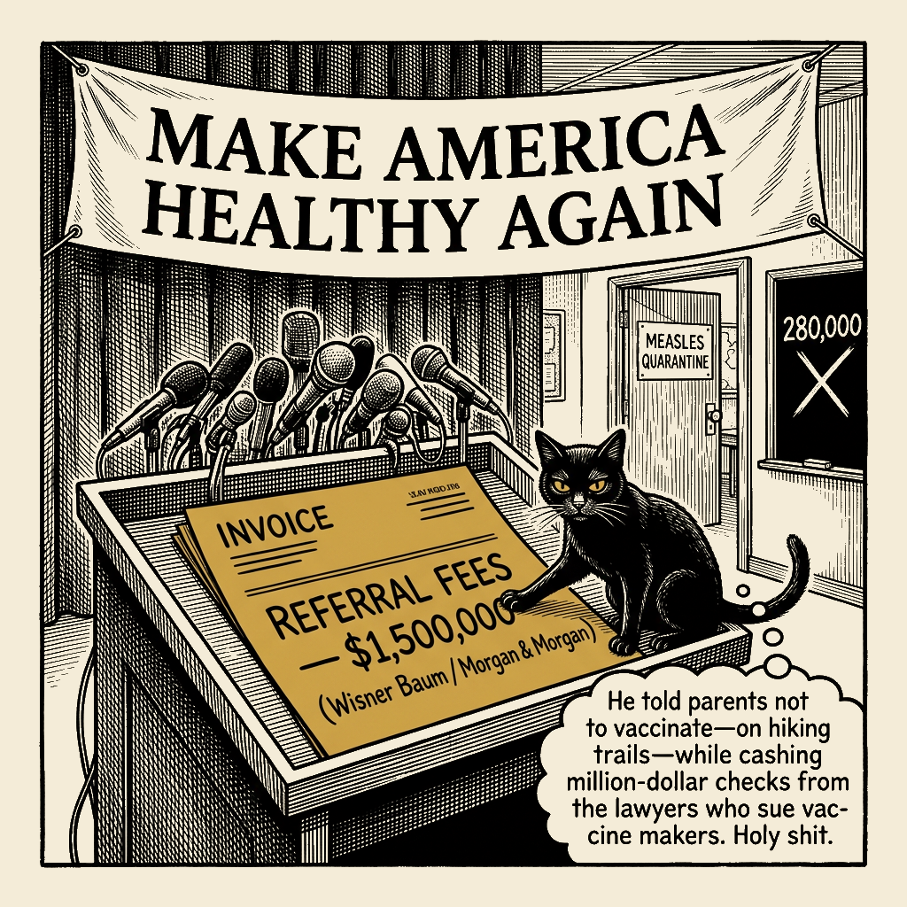Editorial cartoon by Barb McGowan: Health Secretary Cashed Vaccine-Lawyer Checks While Kids Got Measles