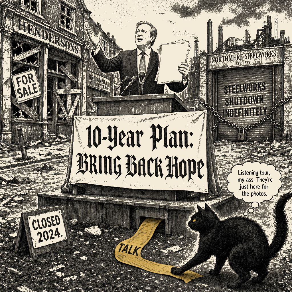 Editorial cartoon by Barb McGowan: 'Hope Tour' is a listening trip while the rent bill eats the kids' lunch money