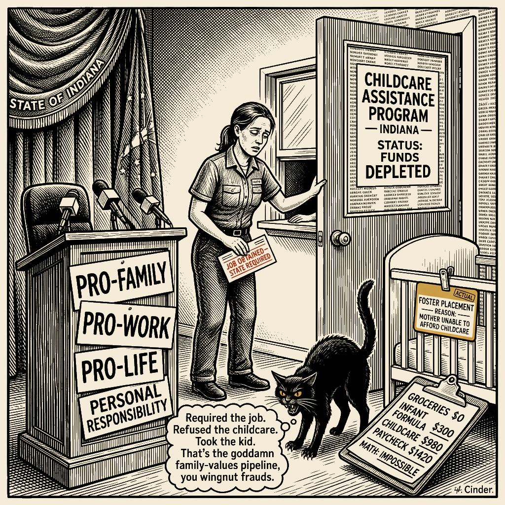 Editorial cartoon by Barb McGowan: Indiana made her get a job. Then took her baby because it wouldn't pay for childcare.