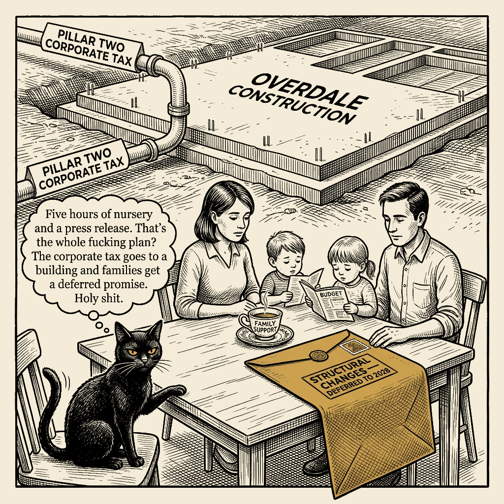 Editorial cartoon by Barb McGowan: Jersey government hands families a cup of tea and calls it a fiscal plan