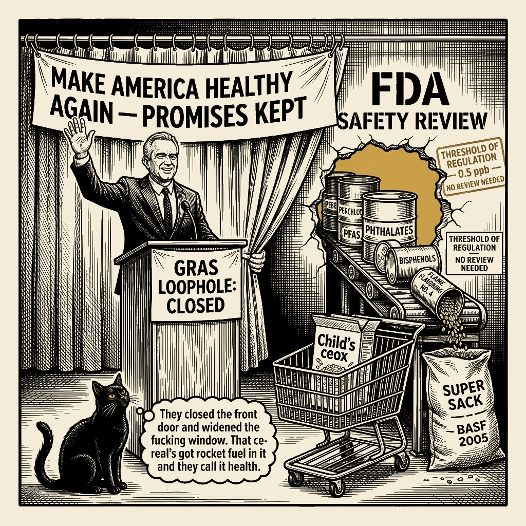 Editorial cartoon by Barb McGowan: Kennedy's FDA Widened The Toxic-Food Loophole, Then Called It 'Promises Kept'