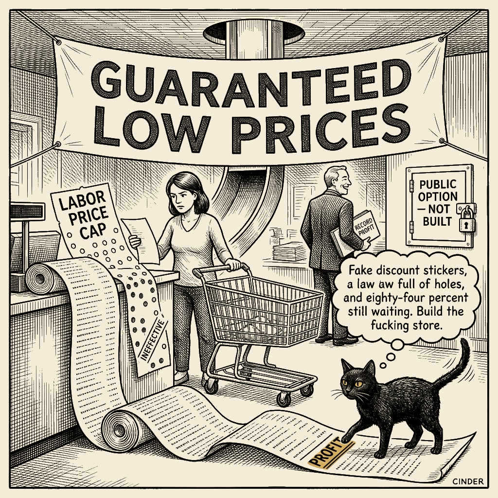 Editorial cartoon by Barb McGowan: Kids go hungry while Coles and Woolworths post record profit and Labor's law does shit