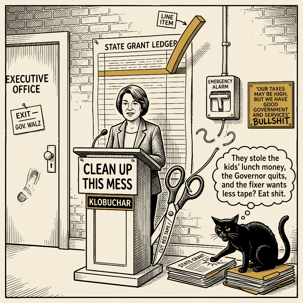 Editorial cartoon by Barb McGowan: Klobuchar wants credit for catching the fraud and cuts to the tape that would've caught it