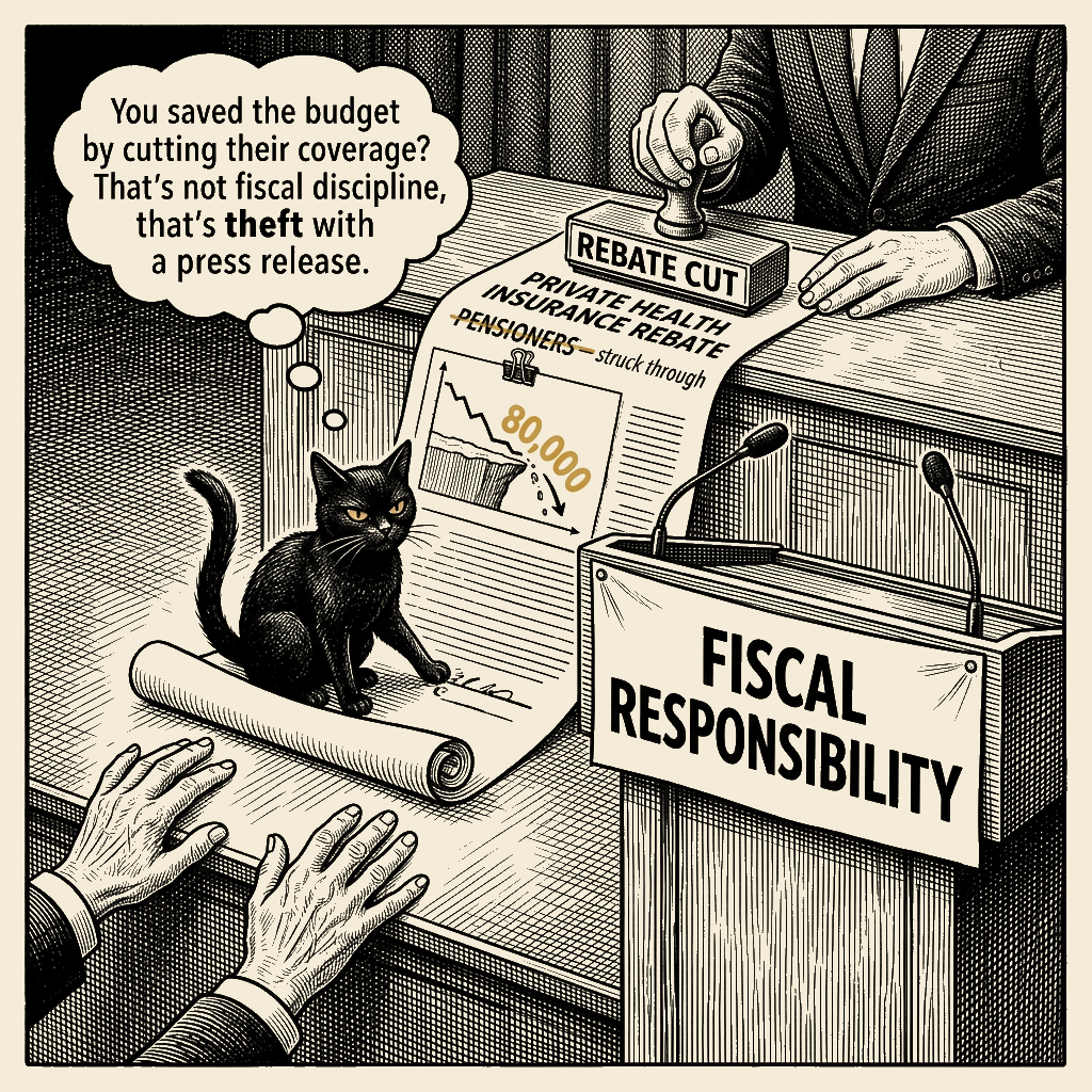 Editorial cartoon by Barb McGowan: Labor's Savings Plan: Take Health Cover From 80,000 Pensioners, Call It Responsibility