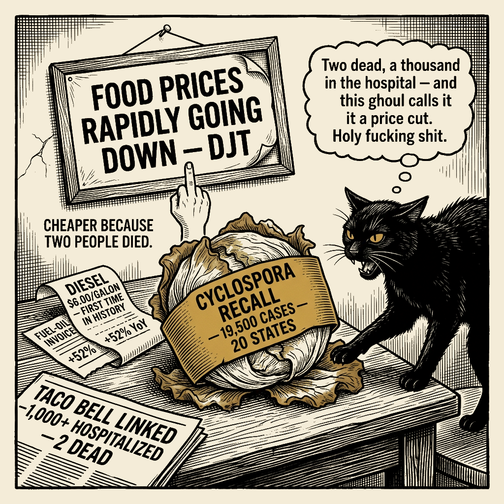 Editorial cartoon by Barb McGowan: Lettuce Cheap Because People Got Sick — Everything Else Screwed