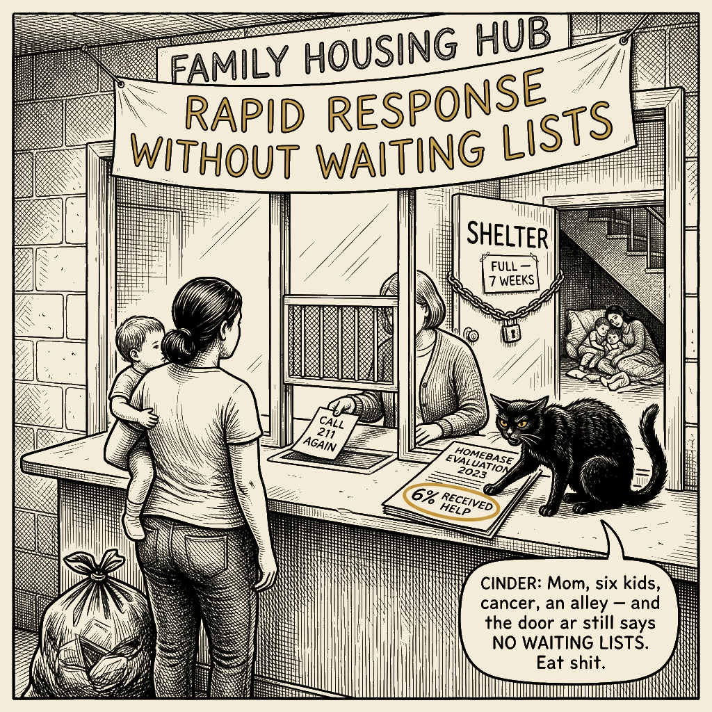 Editorial cartoon by Barb McGowan: Maricopa's 'Amazon of Homeless Services' Turns Away 94% and Calls the Runaround a System