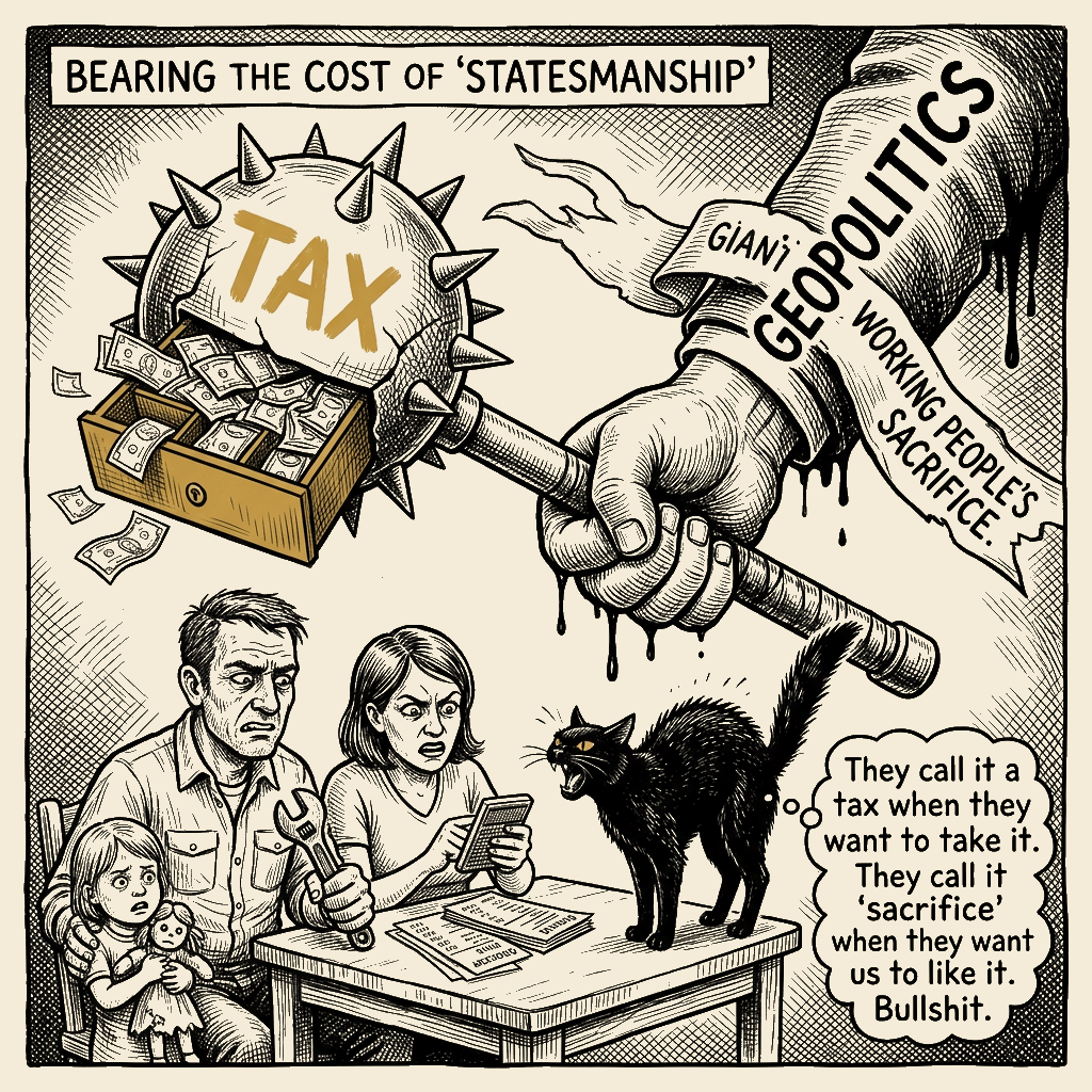 Editorial cartoon by Barb McGowan: Miliband Calls Strait Closure a 'Tax on Working People' — He's Right. Now What the Hell…