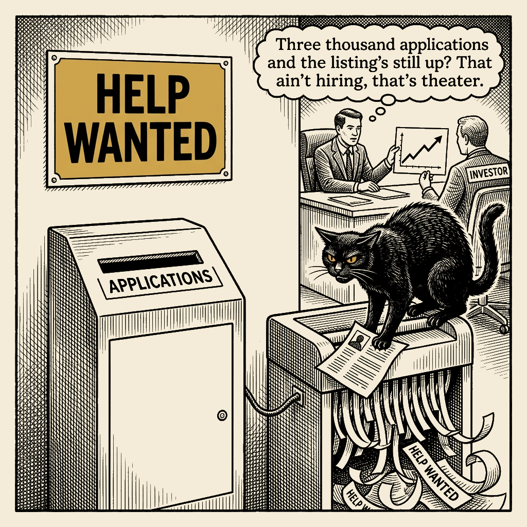 Editorial cartoon by Barb McGowan: One in Five Job Ads Is a Lie, and Nobody Has to Pay for It But You