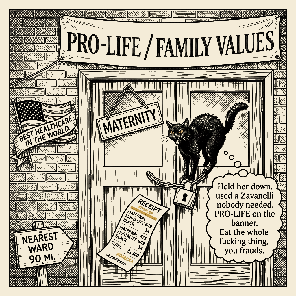 Editorial cartoon by Barb McGowan: PRO-LIFE on the banner, padlock on the ward: how America kills mothers