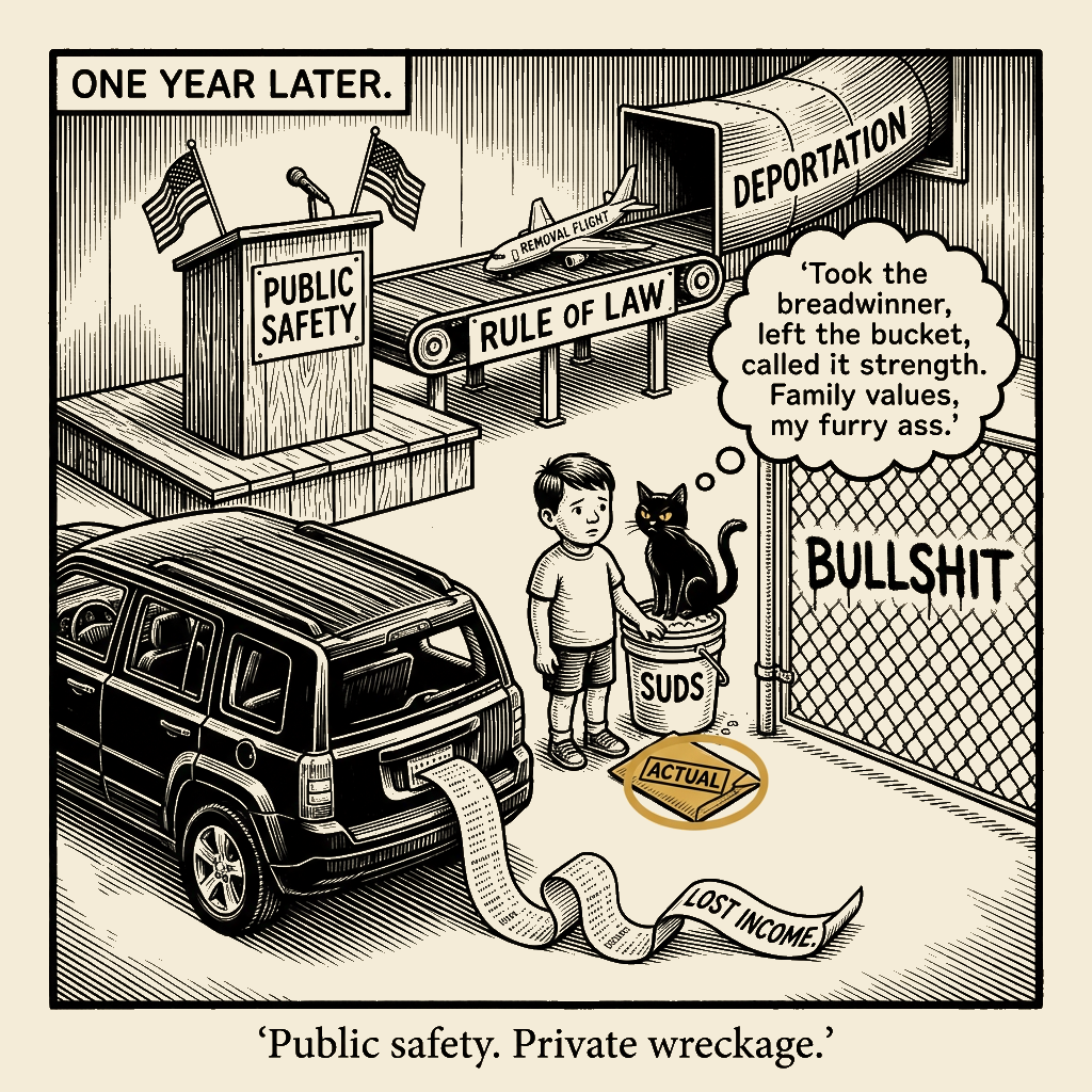 Editorial cartoon by Barb McGowan: Public safety left a kid with a bucket. They called it strength.