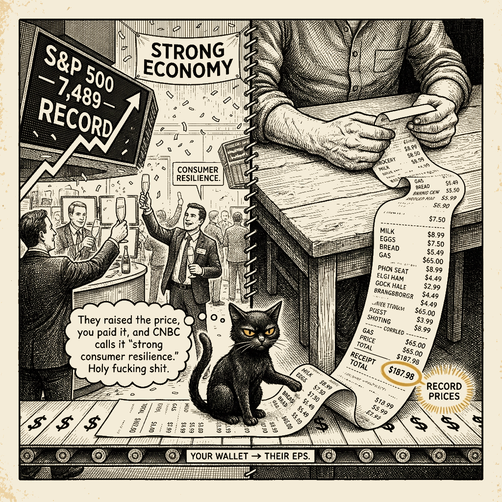 Editorial cartoon by Barb McGowan: Record Profits, Record Prices — Same Goddamn Coin